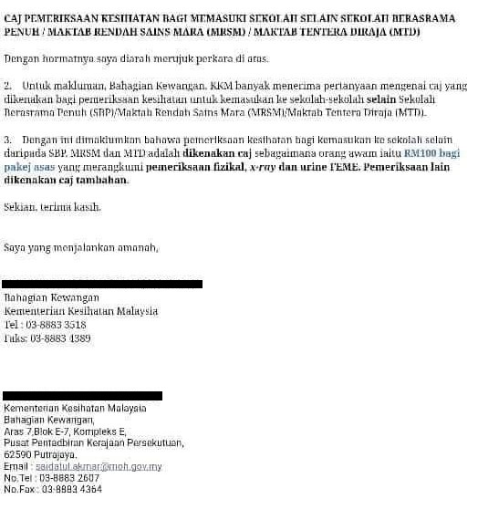 Pelajar yang ditawarkan ke sekolah agama kerajaan perlu dikenakan pemeriksaan kesihatan yang dicajkan sebanyak RM100.