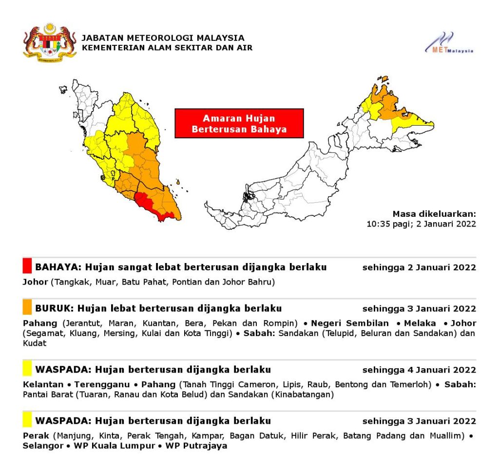 MET Keluar Amaran Bahaya Hujan Sangat Lebat Berterusan Di Johor