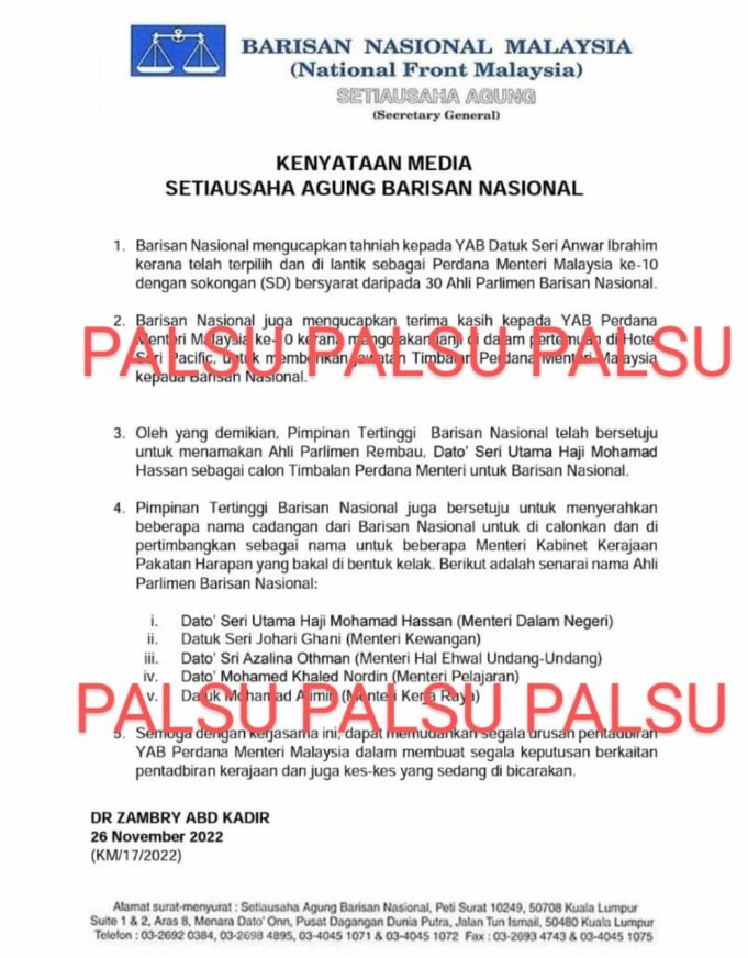 Surat Bn Cadang Tok Mat Dilantik Tpm Adalah Palsu