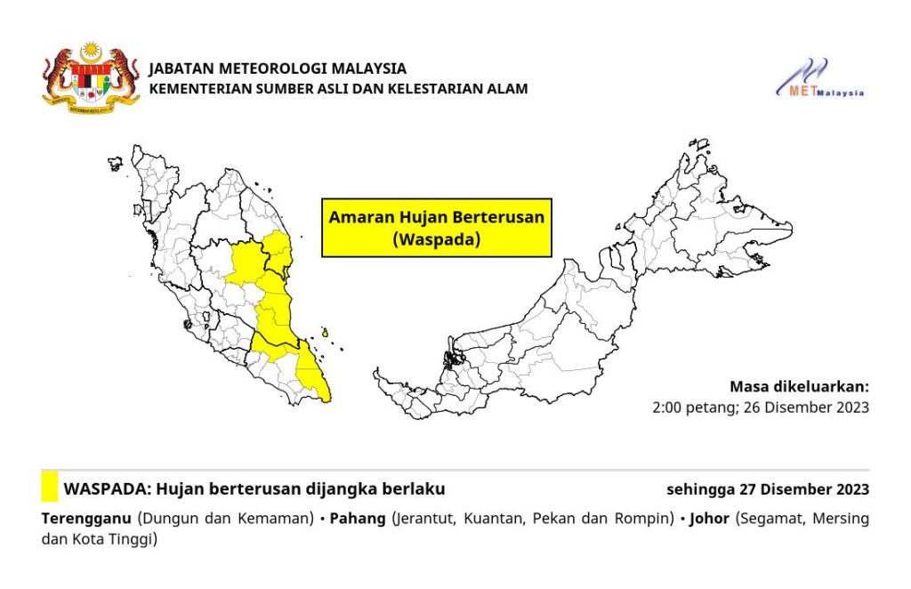 MetMalaysia Keluar Amaran Hujan Berterusan Di Pantai Timur