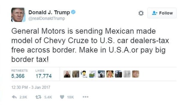 Twitter Donald Trump yang mengkritik pengeluaran Chevy Cruze di Mexico.