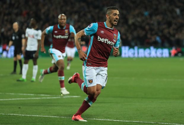 STRATFORD, ENGLAND - MAY 05:  Manuel Lanzini of West Ham United celebrates after scoring the opening goal during the Premier League match between West Ham United and Tottenham Hotspur at the London Stadium on May 5, 2017 in Stratford, England.  (Photo by Richard Heathcote/Getty Images)