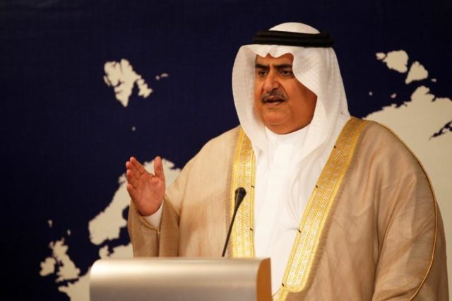 FILE PHOTO: Bahrain Foreign Minister Sheikh Khalid bin Ahmed Al Khalifa speaks during a news conference in Manama, Bahrain