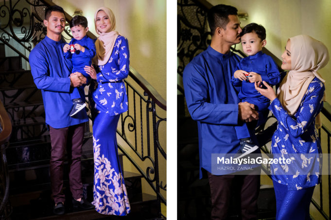 Sesi fotografi Hanis Zalikha bersama suami, Hairul Azreen serta anaknya, Yusuf Iskandar pada sembang santai ‘Jakel Barulah Raya’ di Pasaraya Jakel, Kuala Lumpur. foto HAZROL ZAINAL, 19 MEI 2018.