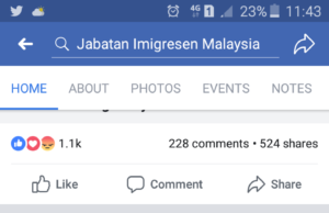 Jabatan Imigresen senarai hitam Najib, Rosmah Laman Facebook yang menyatakan jabatan itu telah menyenaraihitamkan Datuk Seri Najib Razak dan Datin Seri Rosmah Mansor.