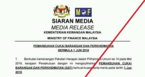 Kementerian Kewangan hari ini menafikan Cukai Barangan dan Perkhidmatan (GST) dimansuhkan bermula 1 Jun ini seperti mana yang ditularkan di media-media sosial.