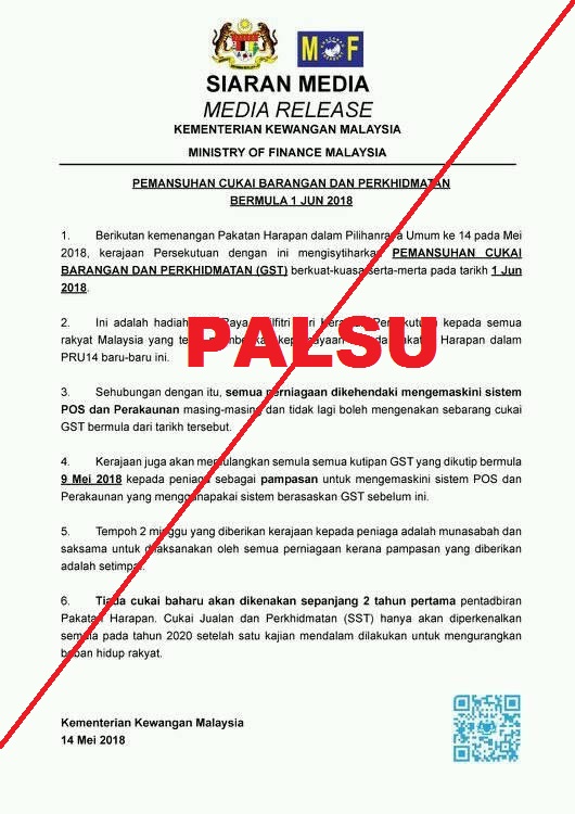 WhatsApp Image 2018-05-14 at 1.50.21 PM Kementerian Kewangan hari ini menafikan Cukai Barangan dan Perkhidmatan (GST) dimansuhkan bermula 1 Jun ini seperti mana yang ditularkan di media-media sosial.