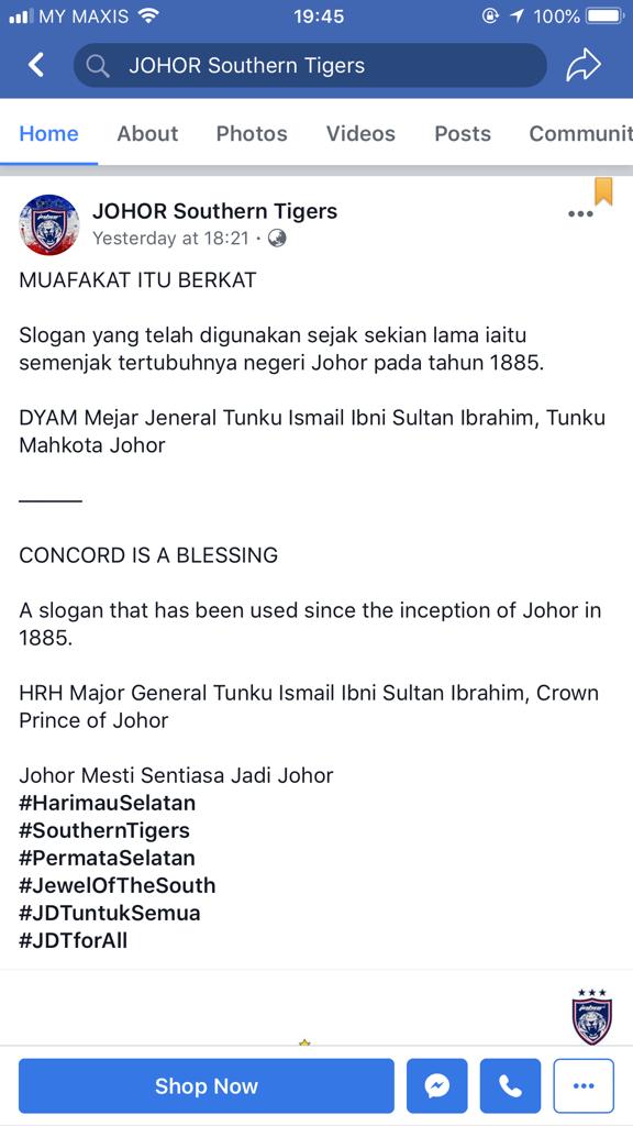 Status Tunku Ismail yang dimuatnaik di laman rasmi Facebook Johor Southern Tigers.