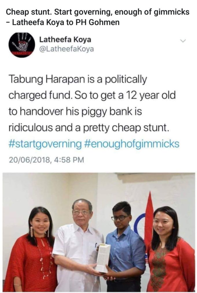 Bekas ahli seumur hidup DAP,  Dr. Shamsher Singh Thind menganggap tindakan Penasihat DAP, Lim Kit Siang menerima derma daripada seorang kanak-kanak bagi Tabung Harapan tidak lebih sekadar mencari publisiti murahan.