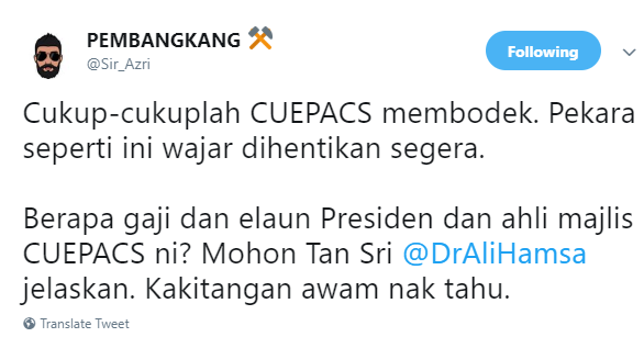 Bodek Papagomo Papagomo menyindir Presiden Cuepacs dengan menyifatkannya sebagai usaha membodek kerajaan baharu PH.