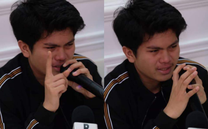 Haqiem Rusli menangis pada sidang media untuk memohon maaf atas gimik berhenti menyanyi yang tidak menyanyi.