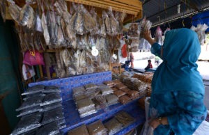 Seorang pelanggan sedang memilih pelbagai jenis ikan masin yang dijual di Pusat Jualan Ikan Masin, Kota Kinabalu, Sabah. Foto/SAFWAN MANSOR. 24 DISEMBER 2013