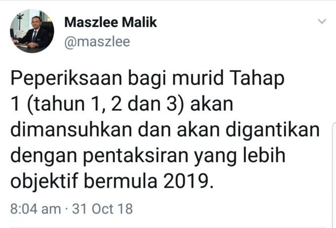 Kenyataan Menteri Pendidkkan Dr Maszlee Malik di laman Twitter yang menerma respons positif dalam kalangan netizen.