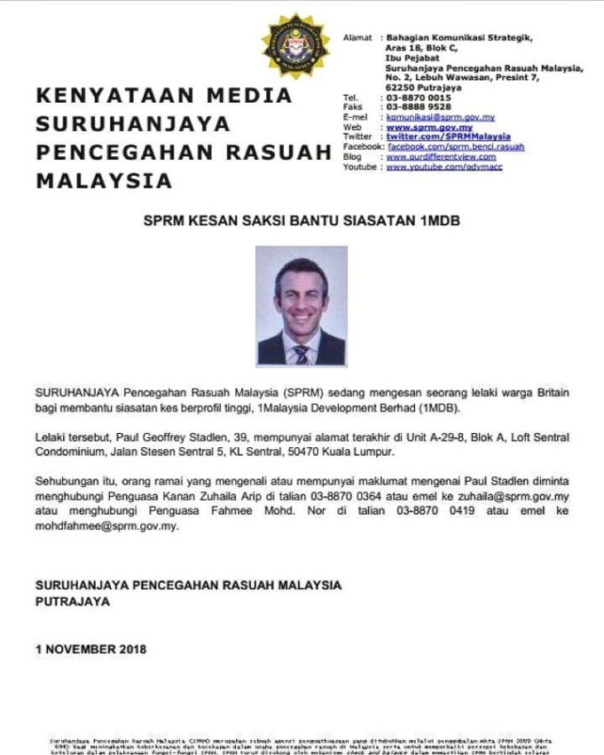 Suruhanjaya Pencegahan Rasuah Malaysia (SPRM) mengesahkan lelaki warga Britain, Paul Geoffrey Stadlen sebagai salah seorang suspek yang disyaki terlibat skandal 1Malaysia Development Berhad (1MDB).