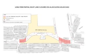 Dua lorong di Jalan Sultan Azlan ditutup setiap malam untuk pembinaan MRT MRT