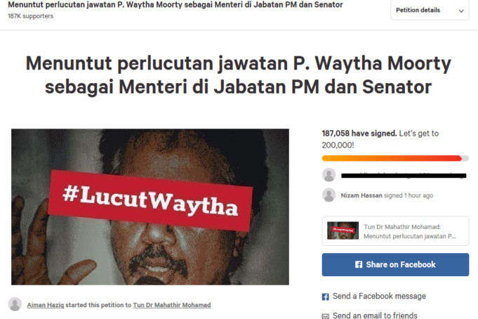 petisyenwaythaletak Petisyen desak P. Waytha Moorthy letak jawatan hampir cecah 200,000 tandatangan.
