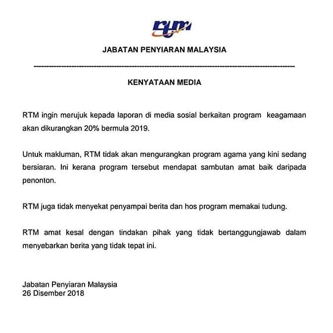 Kenyataan penafian Jabatan penyiaran Malaysia berhubung dakwaan RTM mengurangkan program agama.