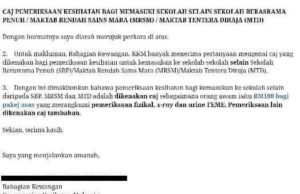 Ibu bapa terbeban caj pemeriksaan kesihatan pelajar Pelajar yang ditawarkan ke sekolah agama kerajaan perlu dikenakan pemeriksaan kesihatan yang dicajkan sebanyak RM100.