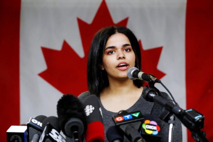 Rahaf Mohammed al-Qunun, an 18-year-old Saudi woman who fled her family, speaks in Toronto