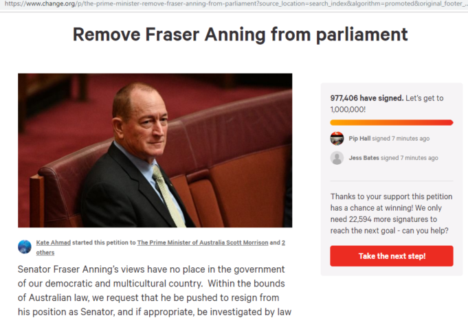 Petisyen warganet Australia desak Anning letak jawatan kerana tidak sensitif dengan pembunuhan umat Islam di Christchurch, New Zealand