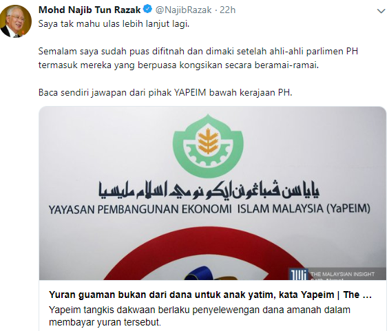 Najib difitnah dan dimaki oleh Ahli-ahli Parlimen PH berhubung laporan sebuah portal konon berlaku penyelewengan dana Yapeim