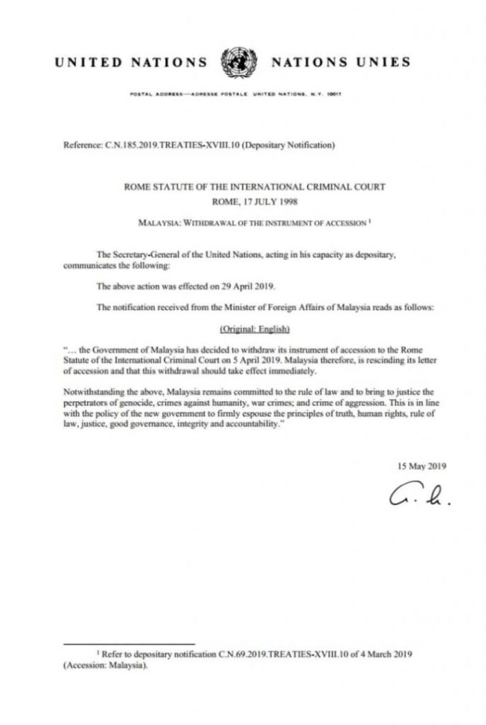 Surat dari PBB yang memaklumkan senarai Malaysia dari meratifikasikan Statut Rom sudah ditarik