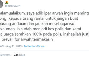 Adik ipar mangsa menasihatkan orang ramai tidak membuat sebarang andaian berhubung kejadian menimpa abang iparnya.