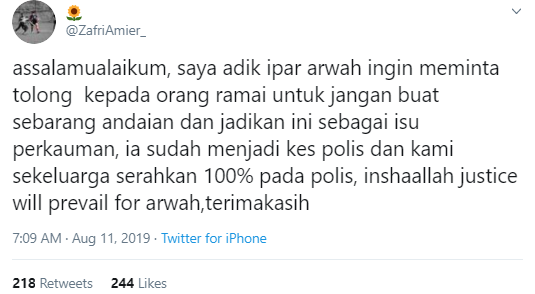 adikiparmangsa Adik ipar mangsa menasihatkan orang ramai tidak membuat sebarang andaian berhubung kejadian menimpa abang iparnya.