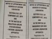 Notis pelantikan berkaitan penyelesaian Malaysian Airline System Bhd – MAB