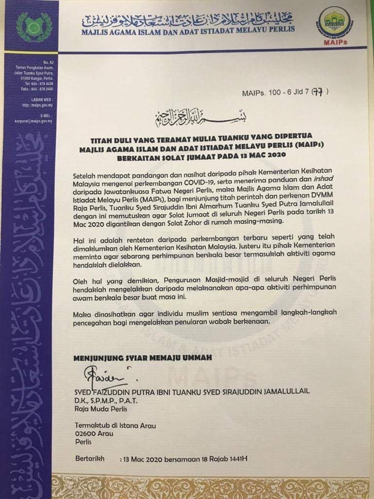 Raja Perlis titah solat Jumaat hari ini diganti dengan ...