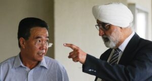 businessman Mun Chol Myong (left) and his lawyer, Jagjit Singh at ther Kuala Lumpur Courts Complex in 2019. PIX: Agensi extradition North Korea US United States America money-laundering Malaysia
