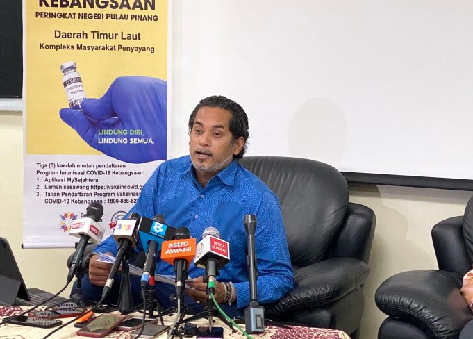 UMNO election Khairy Jamaluddin during a news conference after a work visit to the Vaccination Centre in Penang.