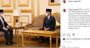 Prime Minister Tan Sri Muhyiddin Yassin has been granted an audience with Seri Paduka Baginda Yang di-Pertuan Agong, Al-Sultan Abdullah Ri’ayatuddin Al-Mustafa Billah Shah for a pre-Cabinet meeting at Istana Negara this morning. PIX: Istana Negara Instagram Account