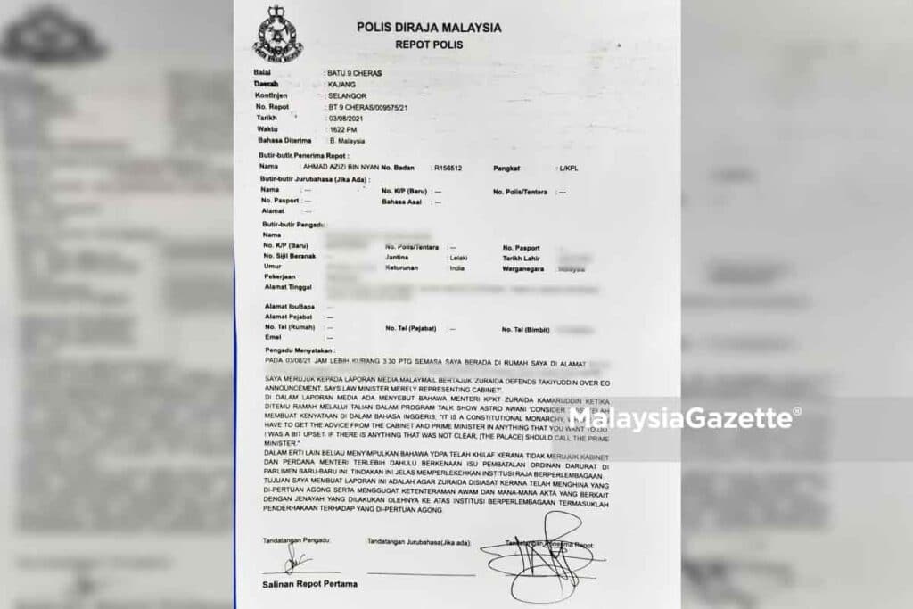 Laporan polis terhadap Menteri Perumahan dan Kerajaan Tempatan Datuk Zuraida Kamaruddin.