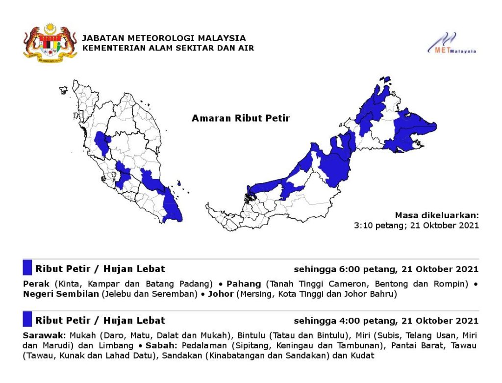 The thunderstorm warning issued by the Malaysian Meteorological Department (MetMalaysia).
