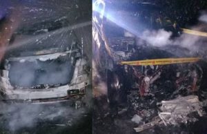 Kereta Mercedes Benz musnah terbakar di Lebuh Raya PLUS