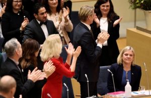 Many MPs gave Magdalena Andersson (right) a standing ovation in the Riksdag earlier on Wednesday. PIX: REUTERS via BBC