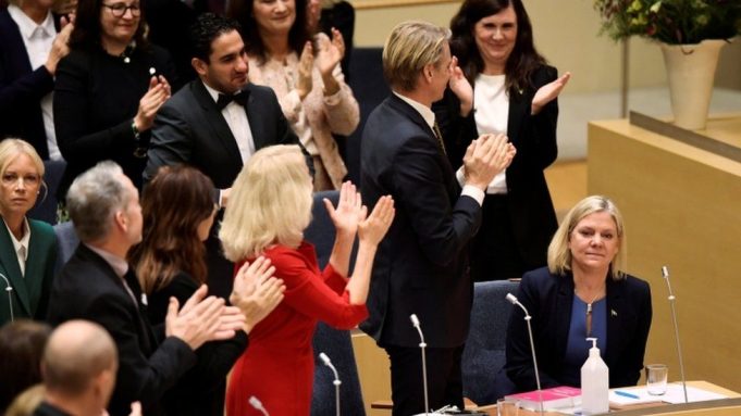 Many MPs gave Magdalena Andersson (right) a standing ovation in the Riksdag earlier on Wednesday. PIX: REUTERS via BBC