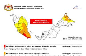 MET keluar amaran bahaya, hujan lebat berterusan di Johor