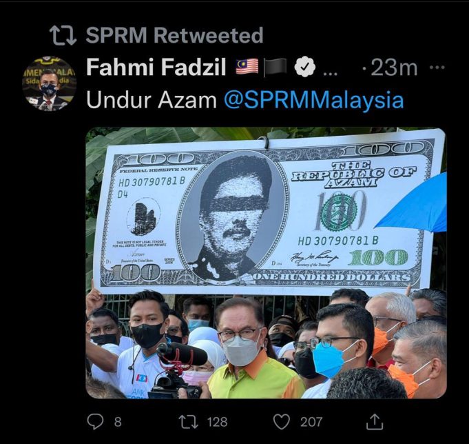 Fahmi Fadzil's tweet, asking for the Chief Commissioner of the Malaysian Anti-Corruption (MACC) Tan Sri Azam Baki was retweeted by the anti-graft agency.