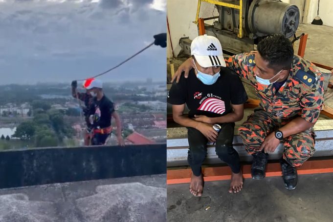 Firefighters saving a man who tried to jump off 18th floor of an apartment at Section U2, Shah Alam early this morning. PIX: Fire and Rescue Department