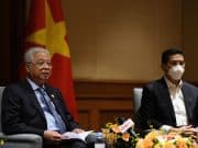 Perdana Menteri, Datuk Seri Ismail Sabri Yaakob bersama Menteri Luar Datuk Seri Saifuddin Abdullah dan Menteri Perdagagan Antarabangsa dan Industri Datuk Seri Azmin Ali.