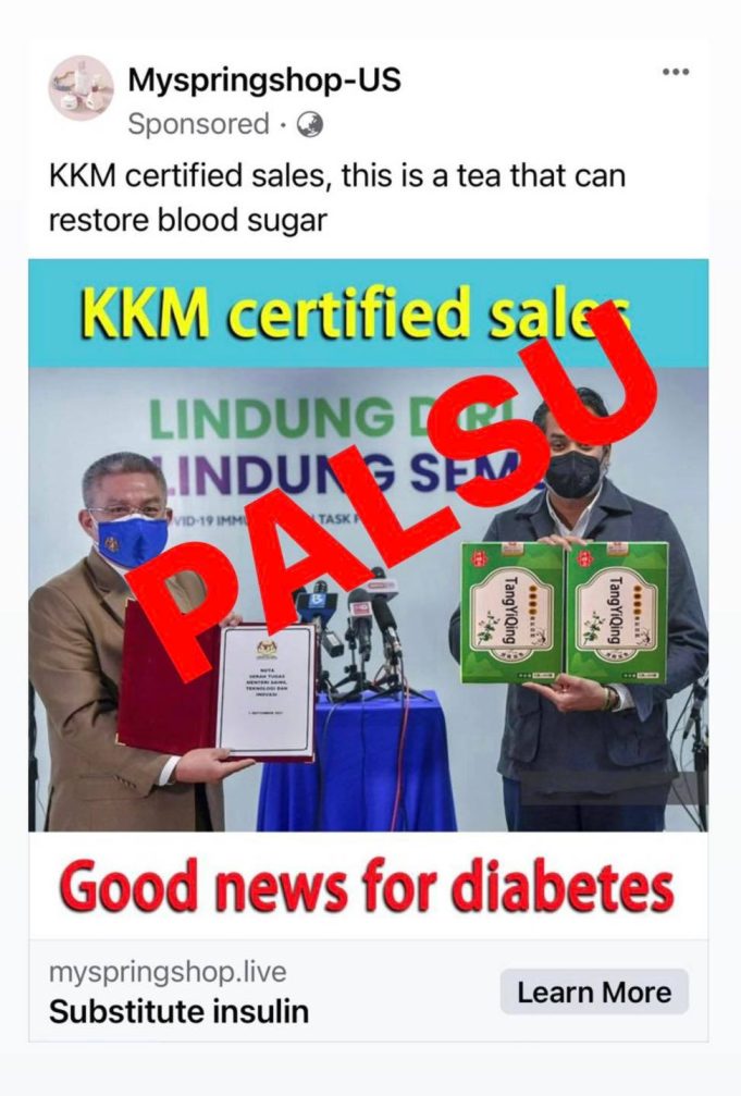 The Ministry of Health (MOH) has never endorsed any product or food which could replace the role of insulin or medicine to treat diabetes and control blood sugar as claimed by the Myspringshop-US Facebook account