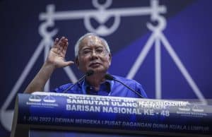 The Chairman of Barisan Nasional (BN) Advisory Board, Datuk Seri Najib Tun Razak speaks at the BN Convention 2022 and BN’s 48th Anniversary at the World Trade Centre Kuala Lumpur (WTCKL). PIX HAZROL ZAINAL / MalaysiaGazette / 01 JUNE 2022. UMNO GE15 Ismail Sabri