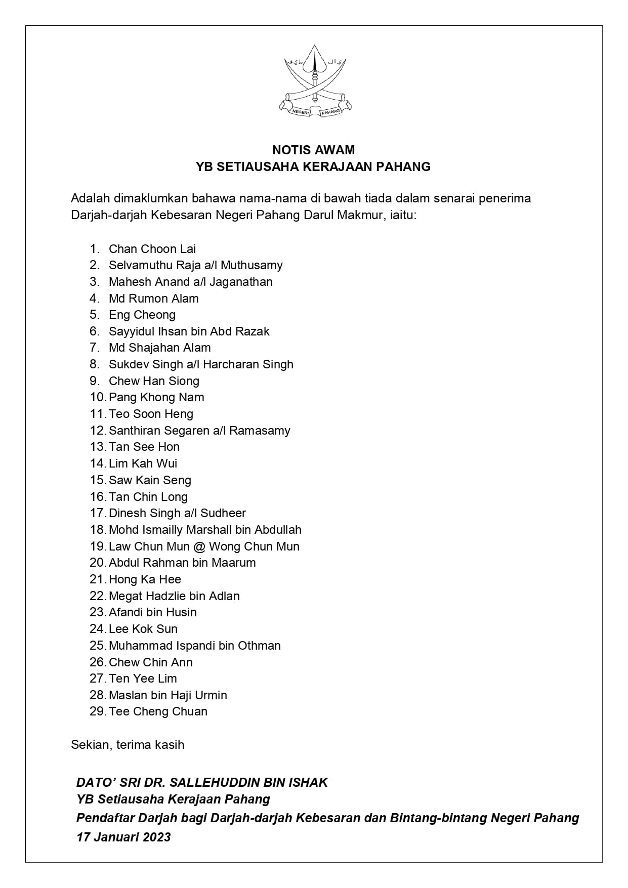 Pahang keluarkan senarai 29 nama ‘Datuk’, ‘Datuk Seri’ palsu