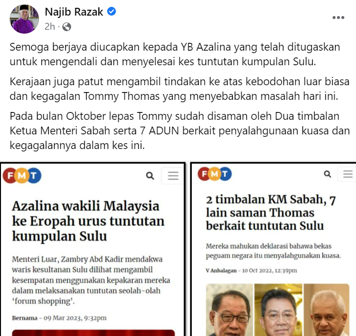 Najib doakan kejayaan Azalina ke Eropah kendali tuntutan kumpulan Sulu