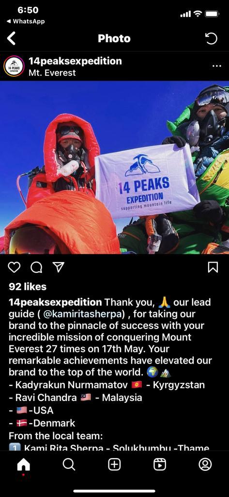 Ravichandran berjaya mengibarkan Jalur Gemilang di puncak Everest jam 12 tengahari waktu Nepal.