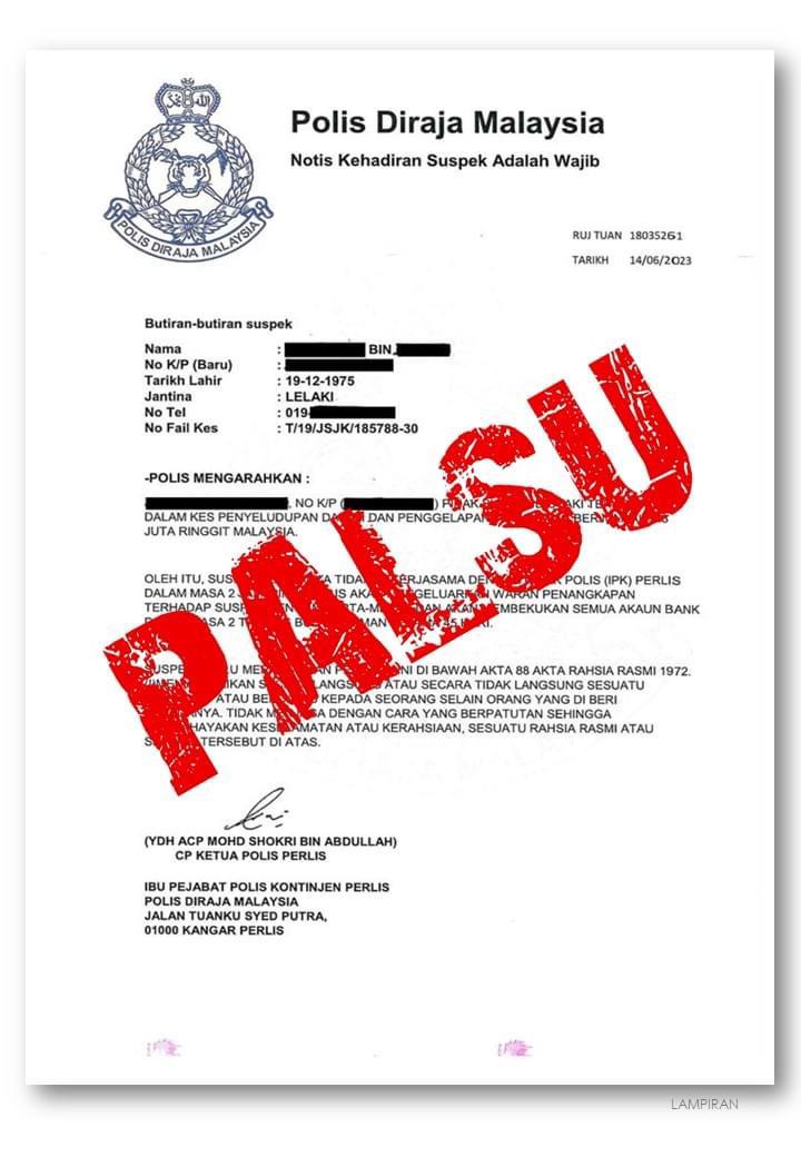 Scammer Guna Tanda Tangan, Logo PDRM Dalam Waran Tangkap Palsu