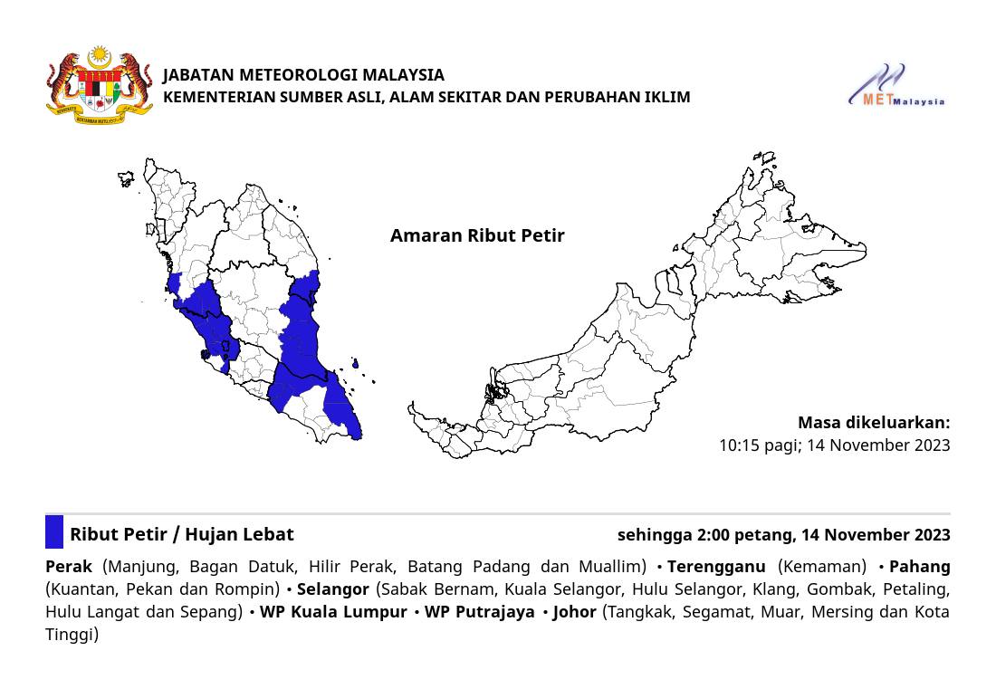 Ribut, hujan lebat di beberapa negeri sehingga petang ini