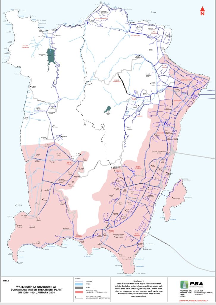 Gangguan Bekalan Air Empat Hari Di P. Pinang Bermula 10 Januari Ini